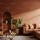 Modern Living Room with Beige Sofa and Monstera Plant on Terracotta Wall