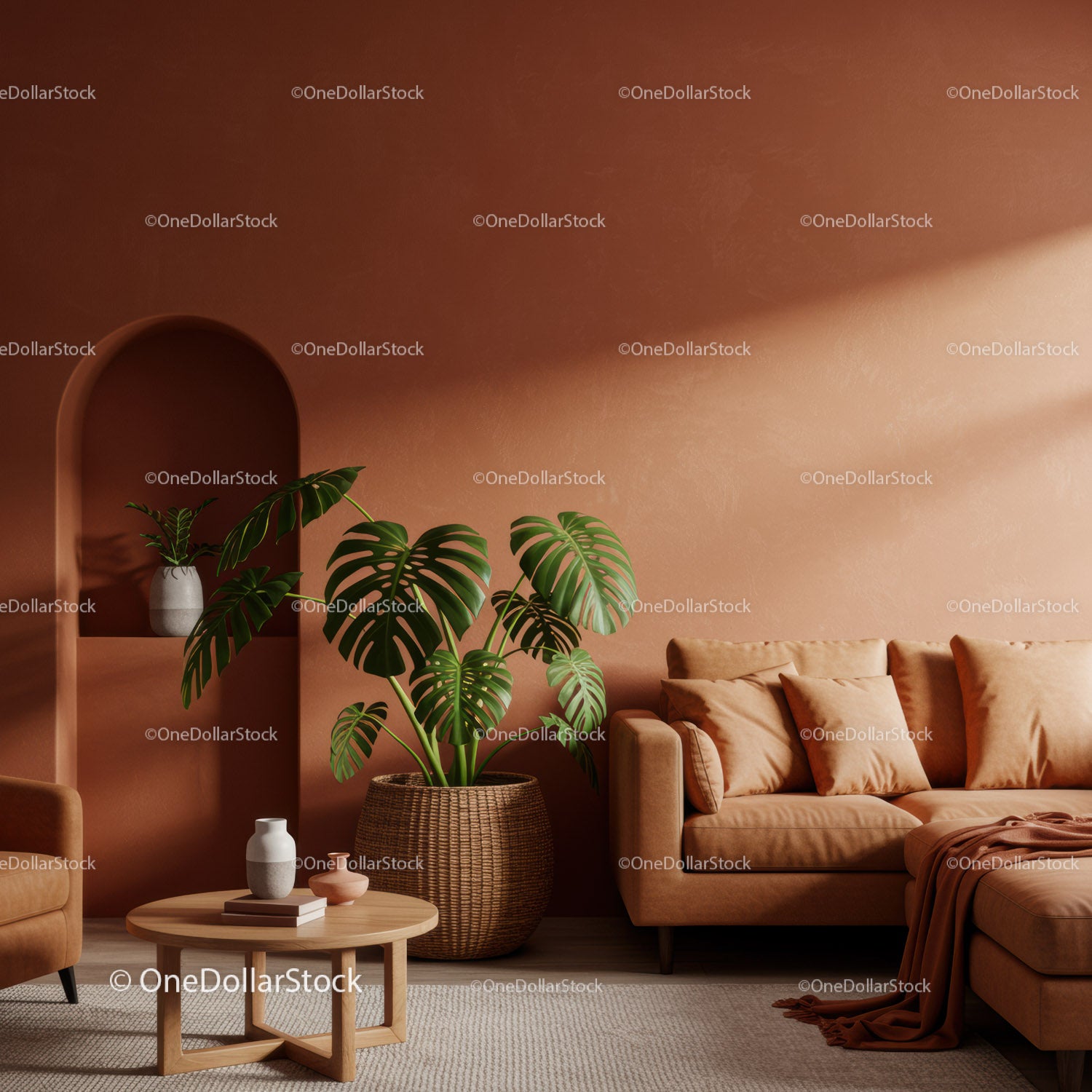 Nowoczesny salon z beżową sofą i rośliną Monstera na terakotowej ścianie