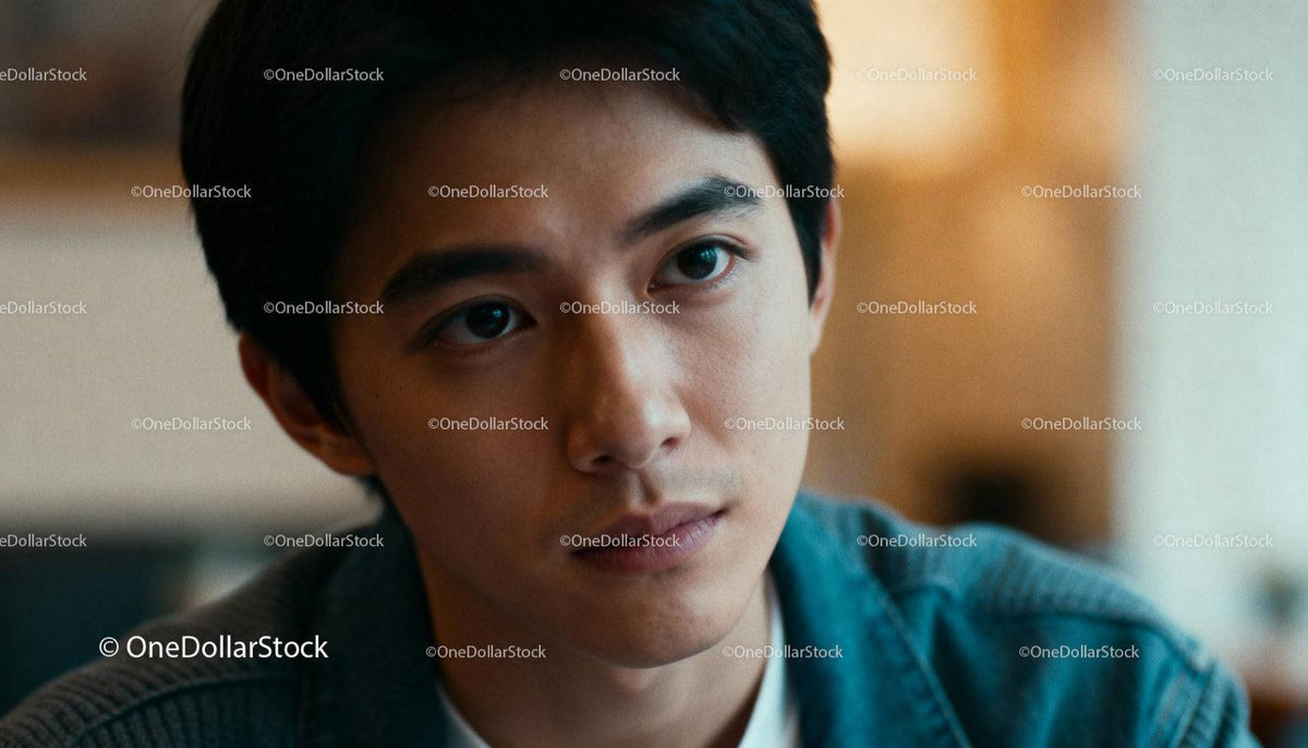Thoughtful young man with deep gaze indoors