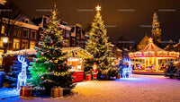 Festive Christmas market with carousel and illuminated trees
