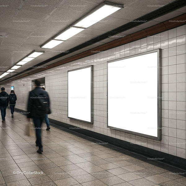 People Walking Past Blank Advertising Posters in Subway JPG Mockup Image