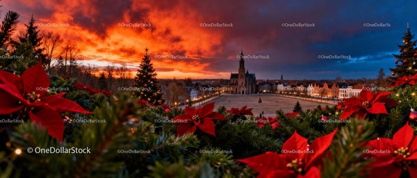 Festive town square with Christmas trees at vibrant sunset