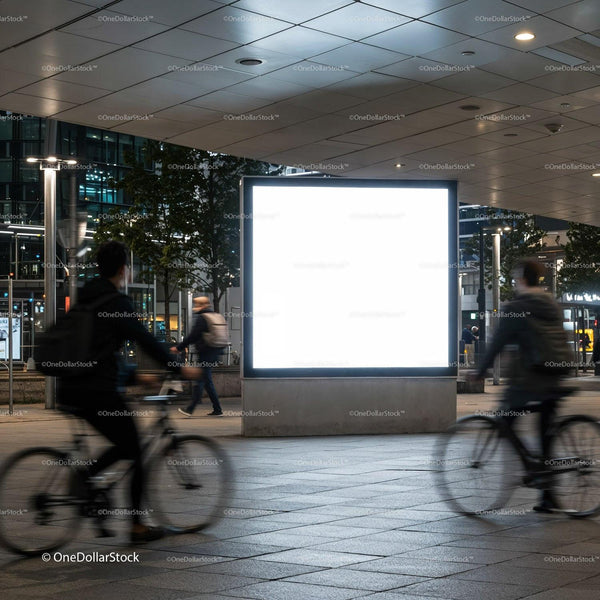 Urban night scene with illuminated blank billboard and cyclists JPG Mockup Image