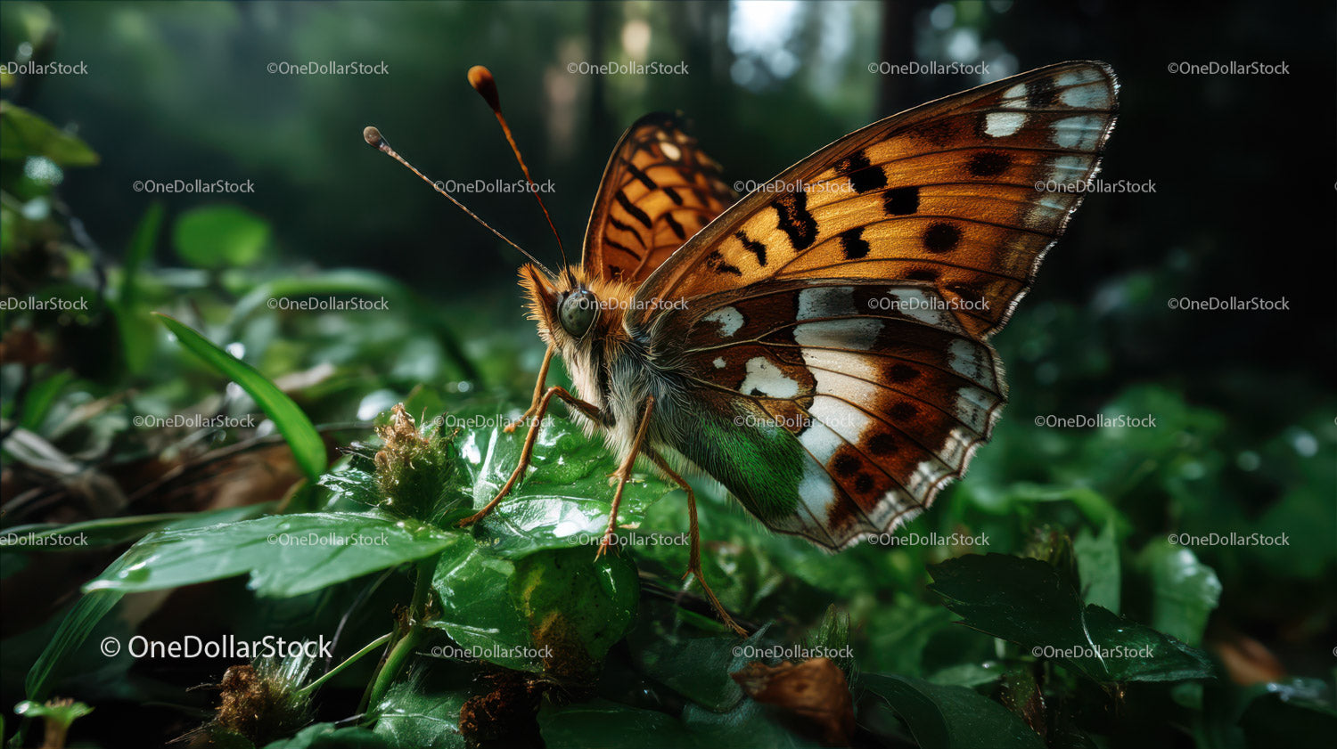 Egzotyczny motyl z jaskrawymi skrzydłami odpoczywający na zielonym liściu w naturze