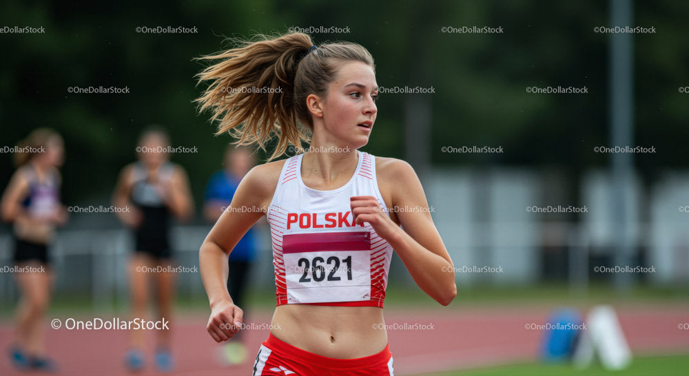Young Female Sprinter Running During Track and Field Event