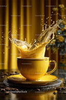 Golden Coffee Cup with Splash in Vibrant Warm Atmosphere