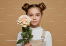 Young Girl with Pale Peach Rose Portrait on Soft Beige Background