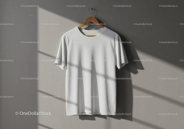 Minimalist white t-shirt hanging in natural sunlight JPG Mockup Image