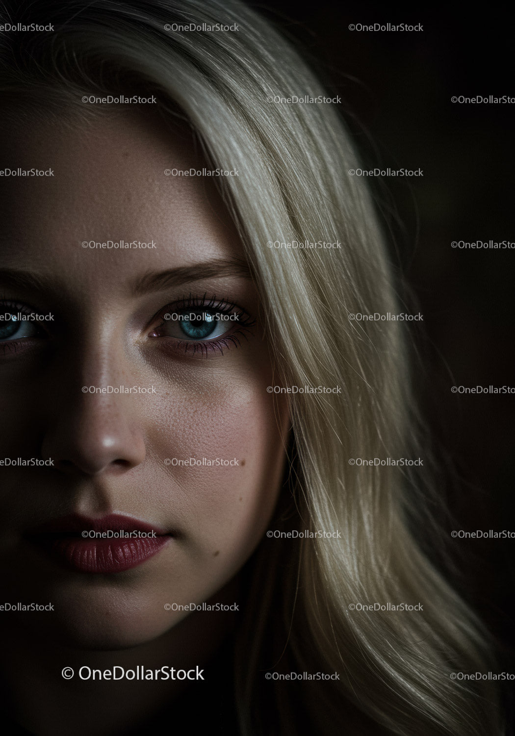 Close Up Portrait of Woman with Blonde Hair and Blue Eyes