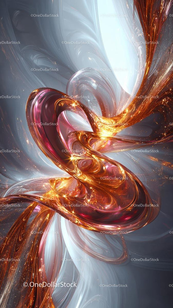 Abstract Digital Artwork with Swirling Fiery Orange and Silver Tones