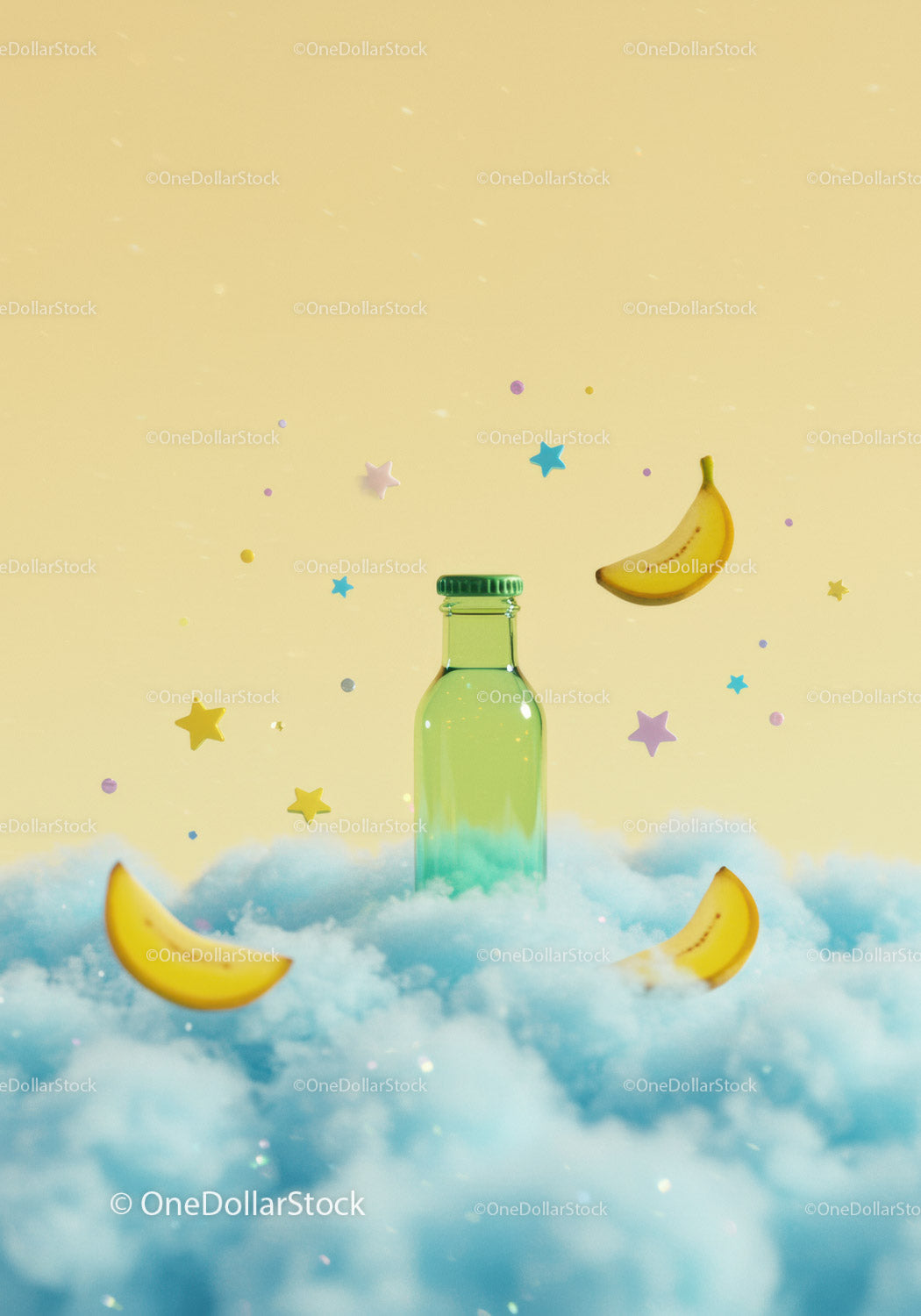 Green glass bottle on soft blue cloud with floating bananas