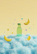 Green glass bottle on soft blue cloud with floating bananas