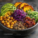 Colorful Quinoa Salad with Avocado Roasted Chickpeas and Microgreens