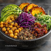 Colorful Quinoa Salad with Avocado Roasted Chickpeas and Microgreens