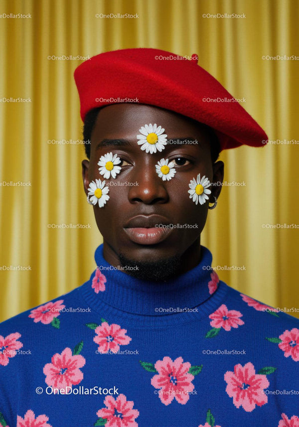 Man Wearing Red Beret and Blue Floral Sweater with Daisies