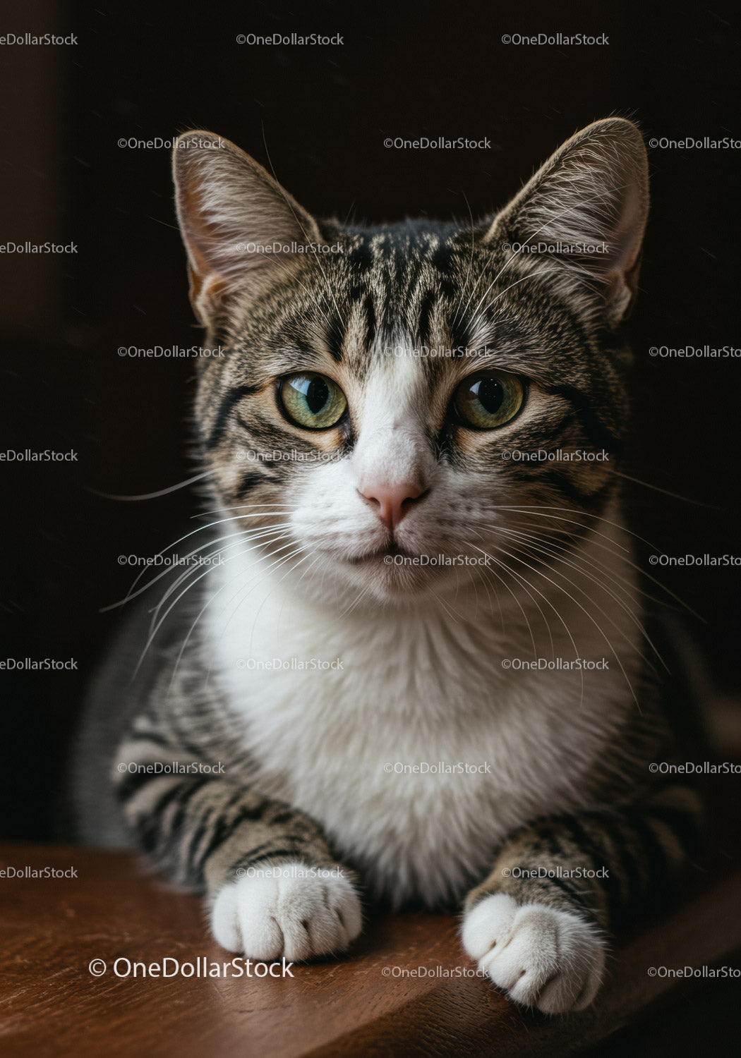 Curious tabby cat with white paws resting on wood
