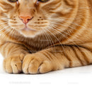 Close up of relaxed orange tabby cat paws and muzzle