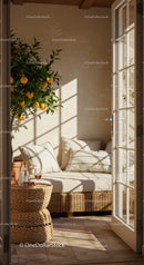Cozy sunlit corner with wicker sofa and orange tree