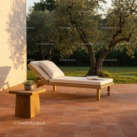 Elegant Wooden Lounge Chair in Sunlit Garden with Trees and Cozy Decor
