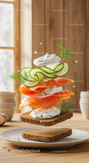 Fresh smoked salmon sandwich with dill cream and cucumber