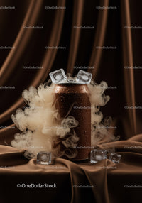 Chilled can with ice cubes and smoky mist on fabric
