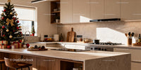 Modern kitchen decorated for cozy Christmas celebration