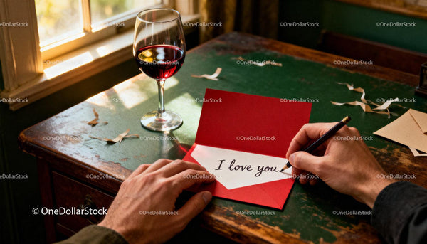 Writing a heartfelt love letter by warm window light