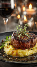 Juicy Steak with Mashed Potatoes and Herb Garnish in Elegant Restaurant