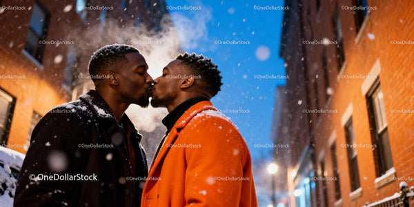 Loving couple sharing a kiss on snowy city street