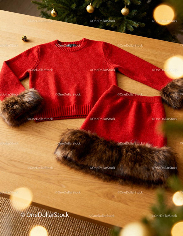Czerwony sweter i spódnica z futrzanym obszyciem na stole
