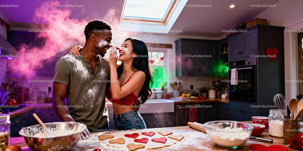 Couple Playfully Baking Heart Cookies in Cozy Kitchen