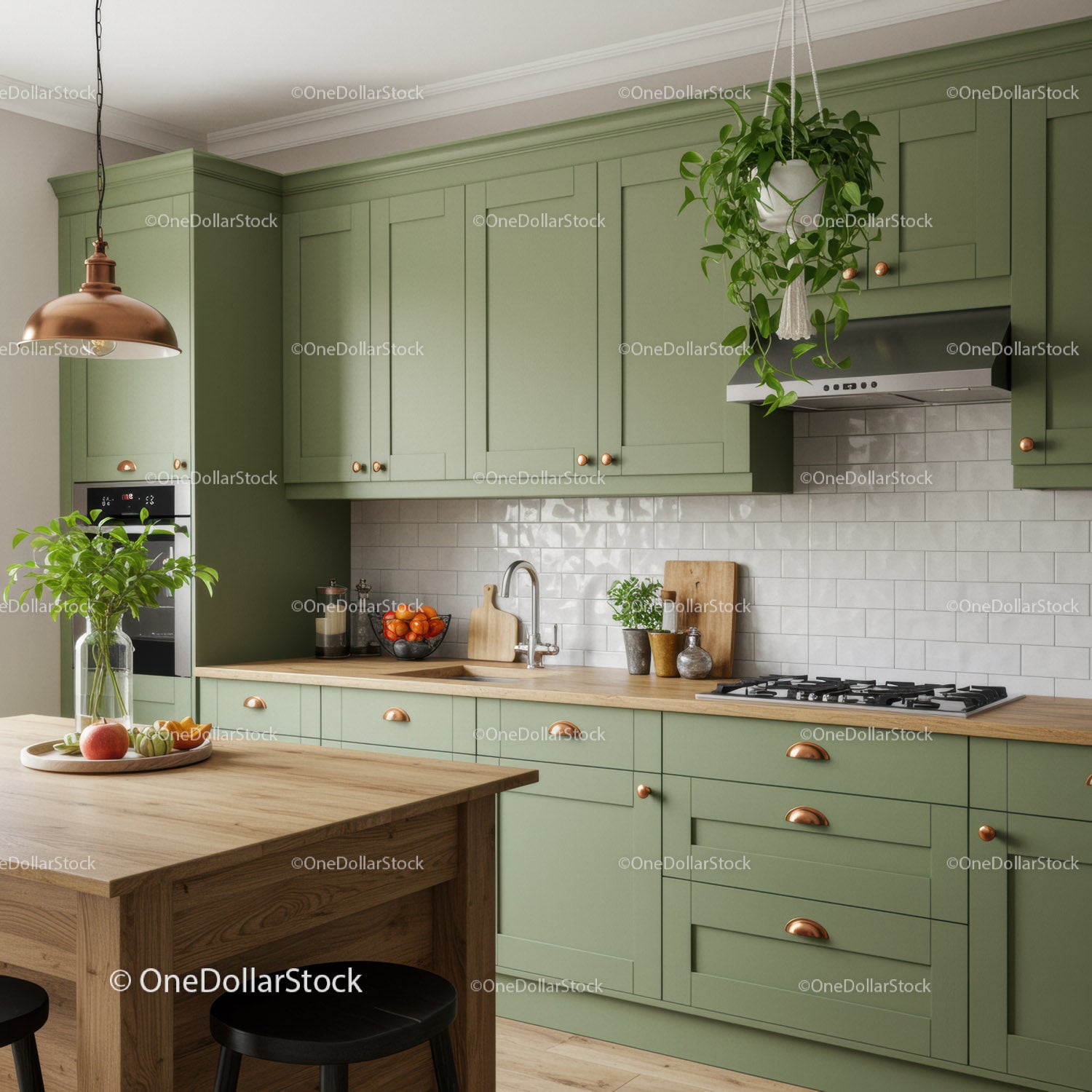 Modern Green Kitchen with Wooden Countertop and Hanging Plant