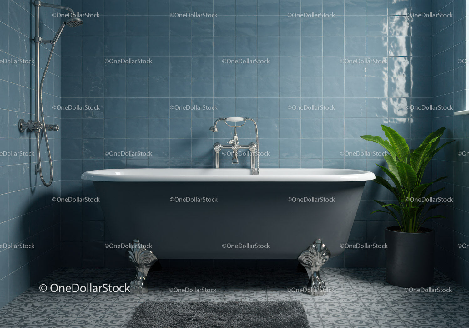 Vintage freestanding bathtub in stylish blue bathroom