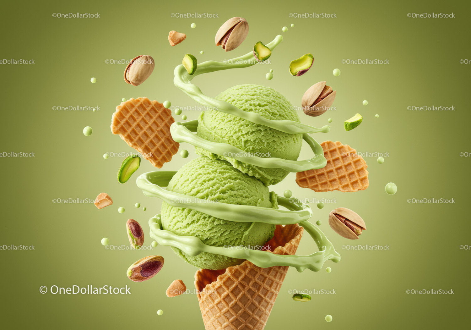 Green Pistachio Ice Cream with Wafers and Nuts