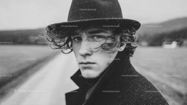 Black Hat Rainy Day Portrait of a Young Man in Moody Outdoor Scene