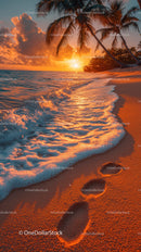 Tropical Sunset over Ocean with Palm Trees and Footprints in Sand