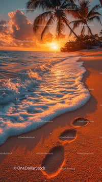 Tropical Sunset over Ocean with Palm Trees and Footprints in Sand