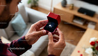 Man Holding Engagement Ring in Red Velvet Box Indoors