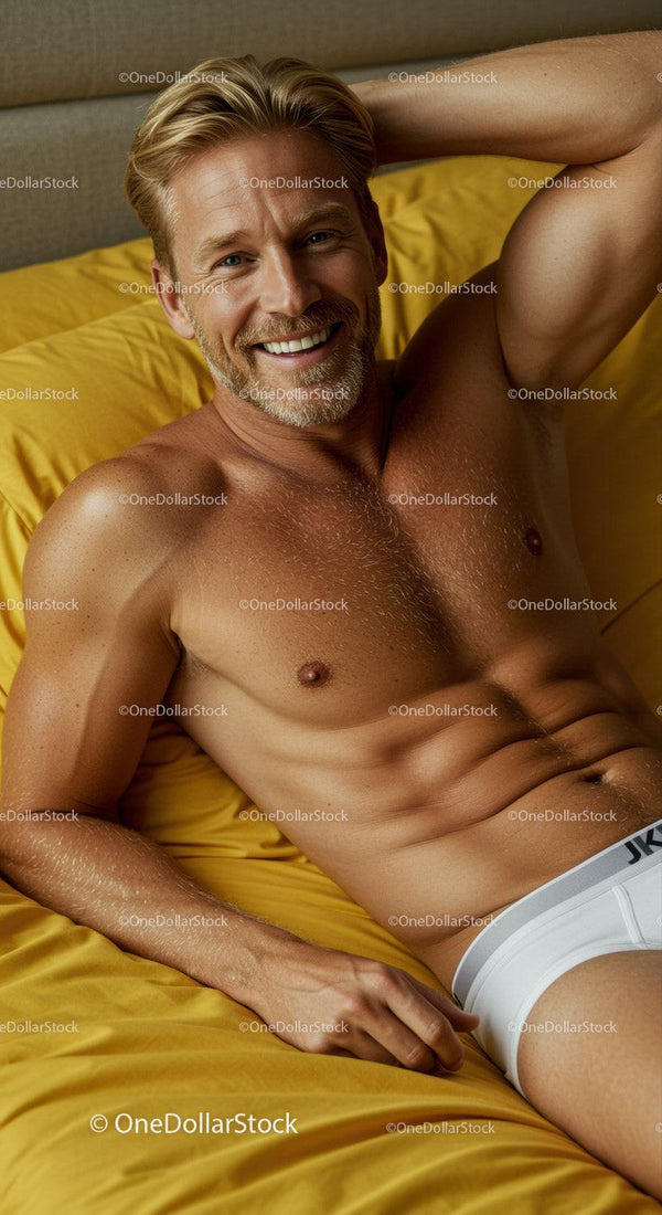 Smiling athletic man relaxing on yellow bed linen