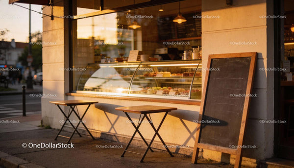Cozy outdoor cafe seating in warm evening light