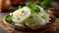 Fresh White Onion Slices with Mint Leaves in Wooden Bowl