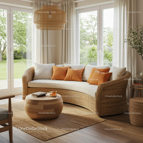 Cozy living room with natural wicker sofa and warm decor