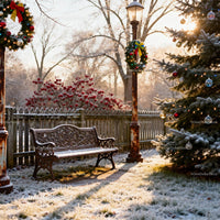 Frosty Christmas Bench and Decorated Tree at Sunrise