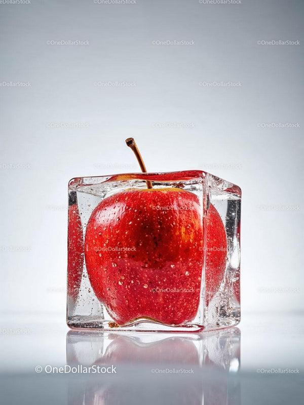 Fresh red apple frozen inside a clear ice cube