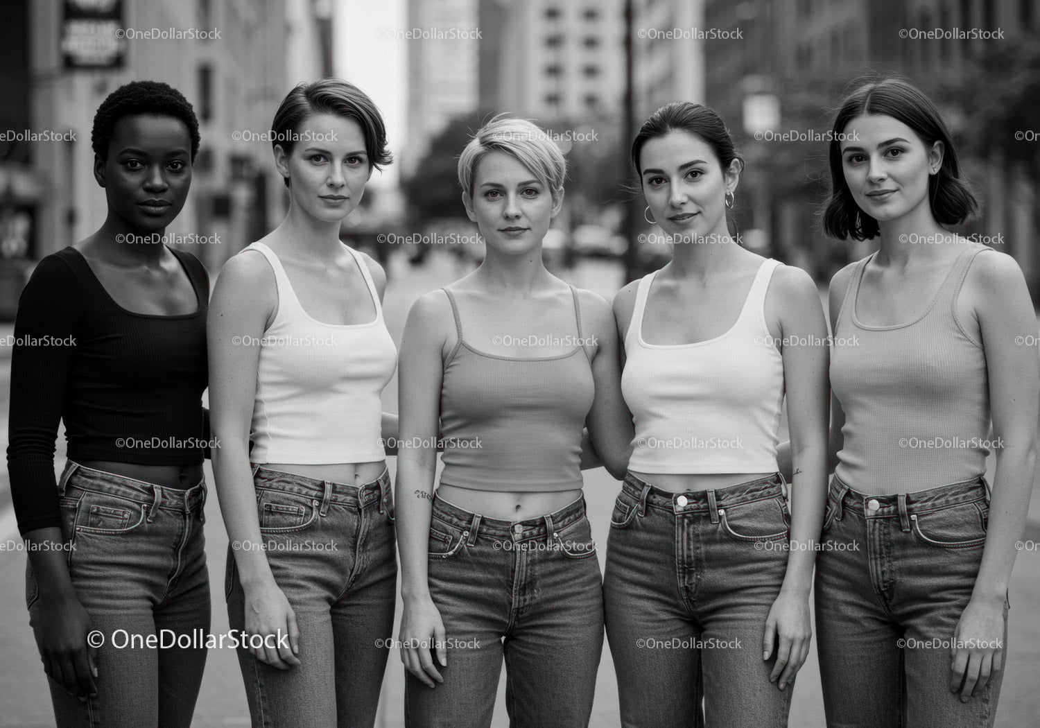 Five women standing united on urban street in casual wear