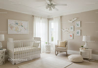 Bright Nursery with White Curtains and Wall Art for Cozy Bedroom