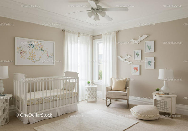 Bright Nursery with White Curtains and Wall Art for Cozy Bedroom