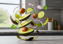 Fresh avocado ingredients floating in modern kitchen