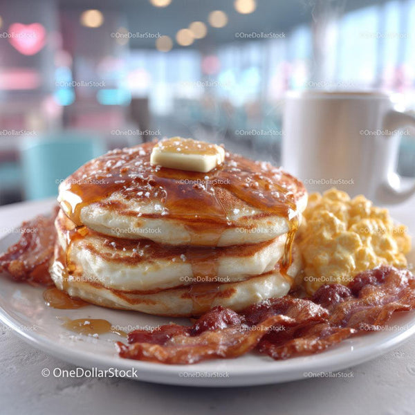 Stack of Fluffy Pancakes with Butter Syrup Bacon and Eggs in Cozy Cafe