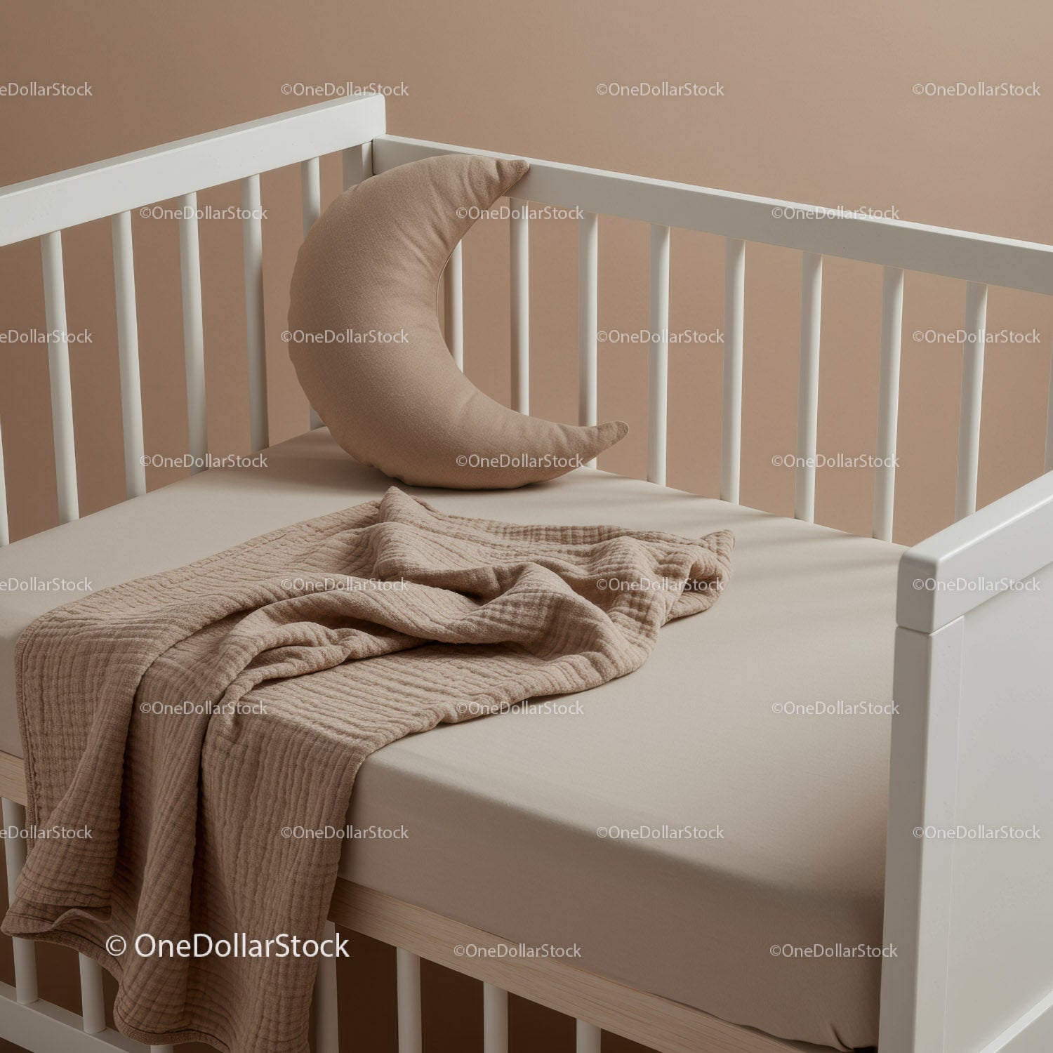 Minimalist Baby Crib with Moon Pillow and Cozy Blanket